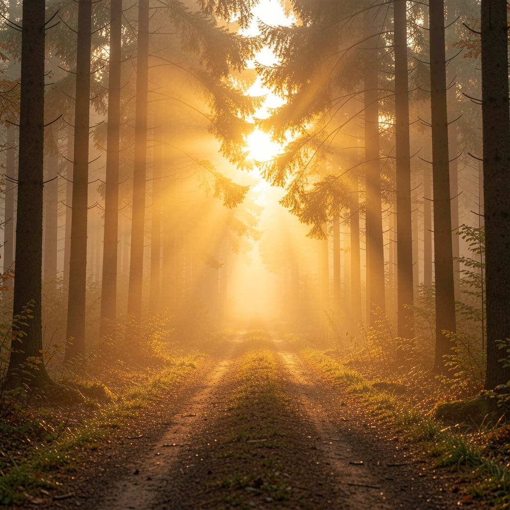 Auringonnousu metsäpolulla aamuvarhaisella