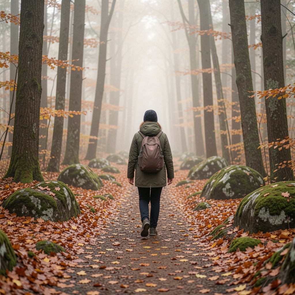 Henkilö kävelee metsäpolulla syksyisessä maisemassa